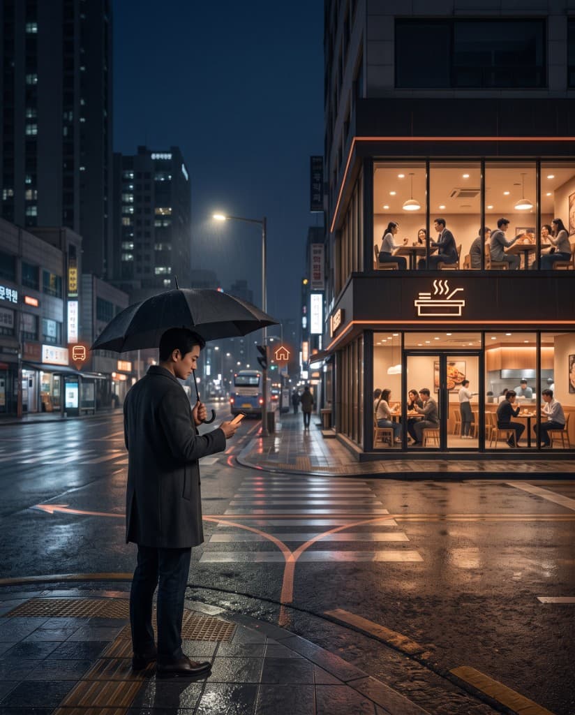 A night street where the same place opens a different next scene.