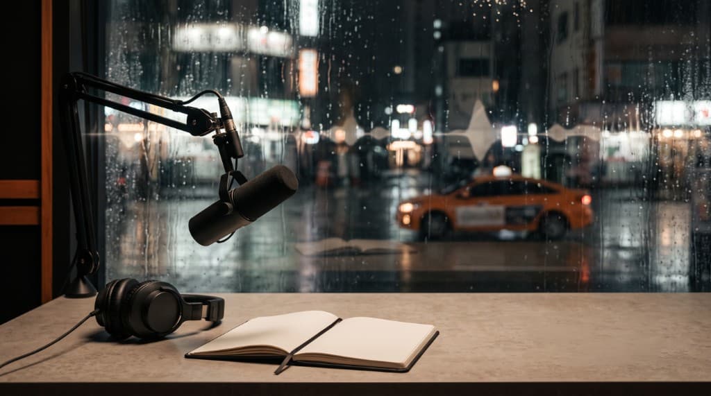 A microphone and headphones by a rain-streaked window. An AI-native podcast scene.