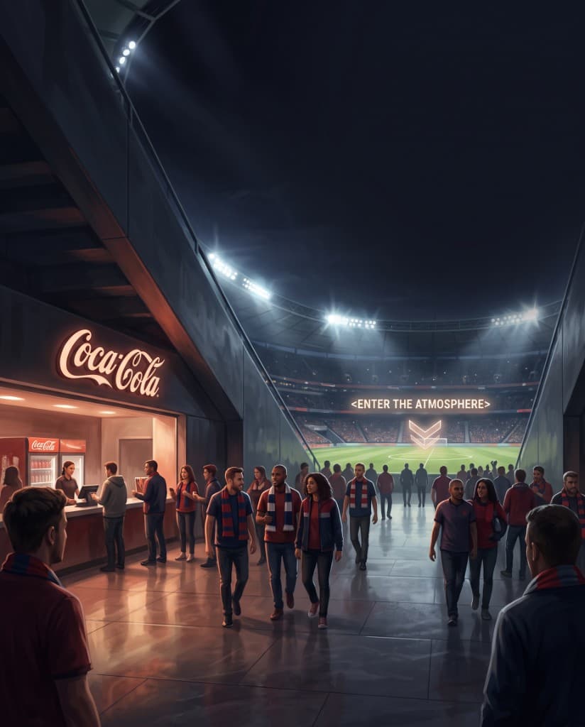 Example brand signage in a stadium concourse. An approved in-world scene.