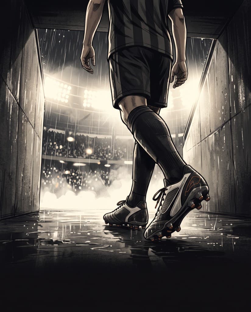 A football boot stepping toward stadium light. Entering a content world.